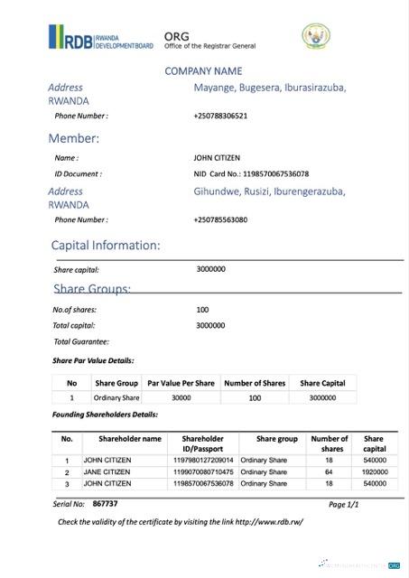 Download Rwanda certificate of registration Word and PDF template Photoshop template